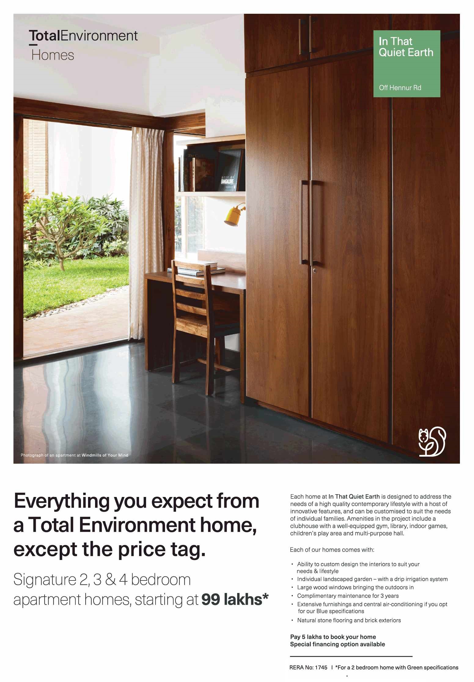 Pay Rs.5 lakhs to book your homes at Total Environment That Quiet Earth in Bangalore Update